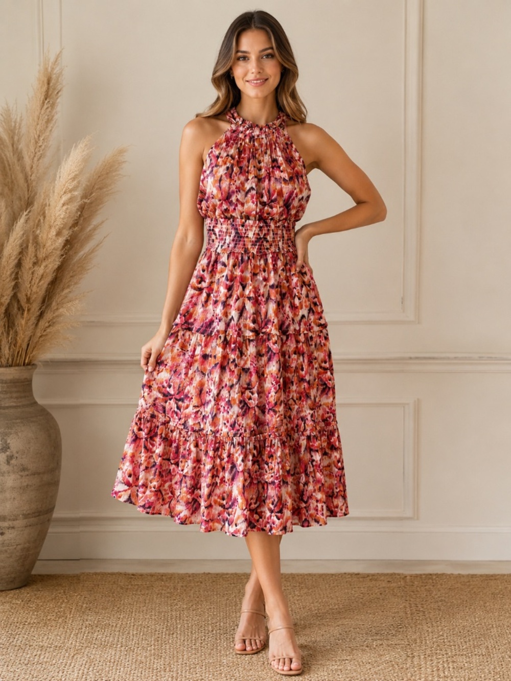 NWT CeCe Ivory “Opalescent Skies” Floral Halter Midi Dress Size Large